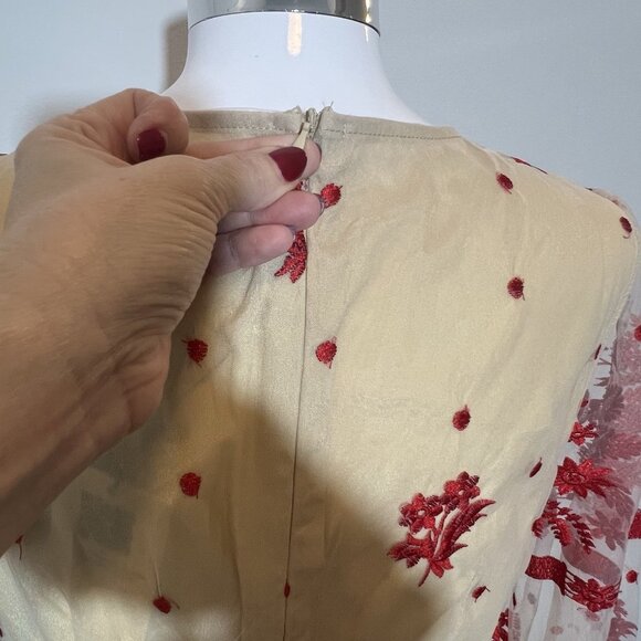 Midi Dress Embroidery Size 6 Red Fit Flare Lace Tulle Cocktail Gown Fairy - Picture 7 of 13